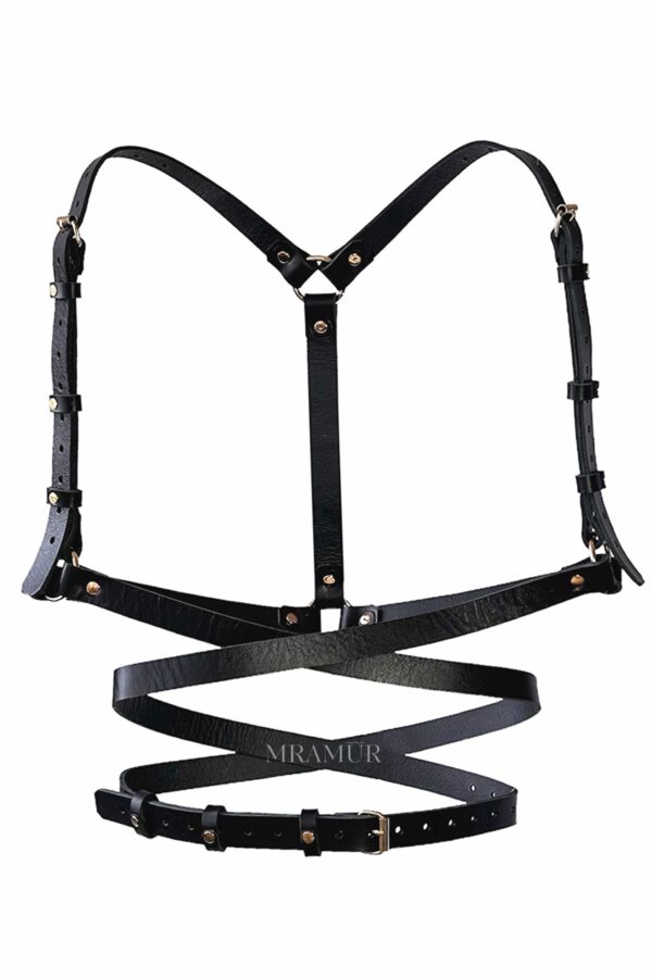 Women leather harness with a long cross waist belt